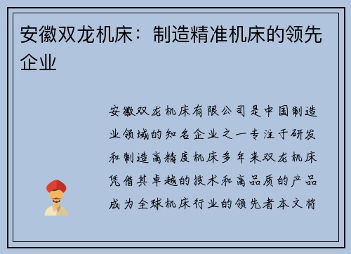 安徽双龙机床：制造精准机床的领先企业